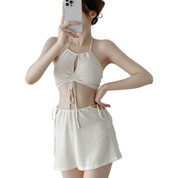Women Swimming Costume Set 3 Pieces Swimwear with Beach Skirt Drawstring Tie Swimsuit Stylish Bathing Suit for Beachwear