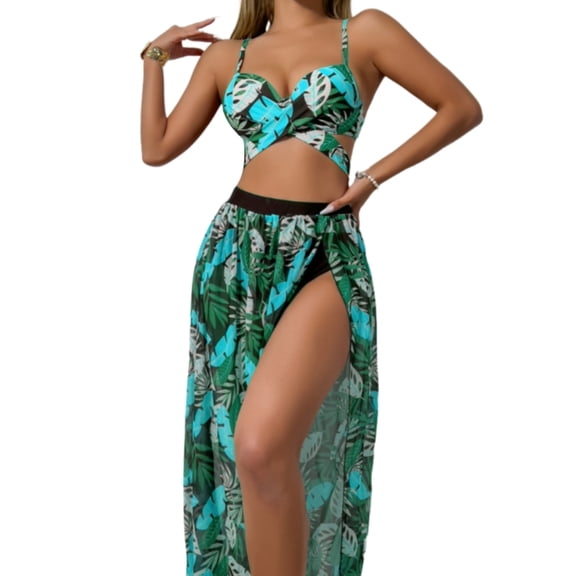 Women Swimming Costume Set 3 Pieces Swimwear with Long Beach Skirt Flower Print Swimsuits Bathing Suit for Beachwear