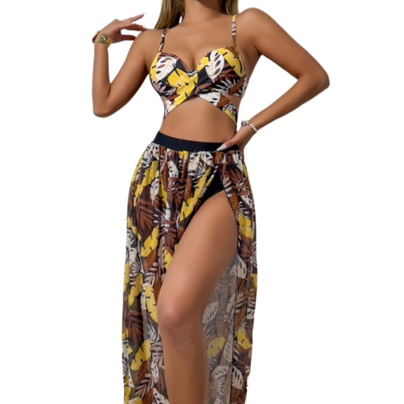 Women Swimming Costume Set 3 Pieces Swimwear with Long Beach Skirt Flower Print Swimsuits Bathing Suit for Beachwear