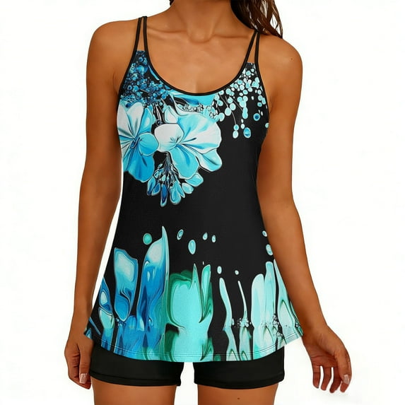 Women Swimsuit 2Pcs Swimwear Print Padded Crop Tank Top with Solid Color Drawstring Shorts Tankini Swimsuit Light Blue L