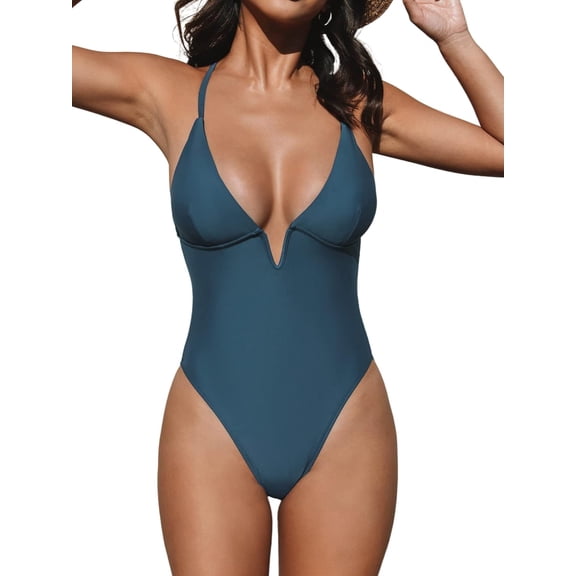 Women Swimsuit Bathing Suit Deep V Neck Crisscross Back Adjustable Strap