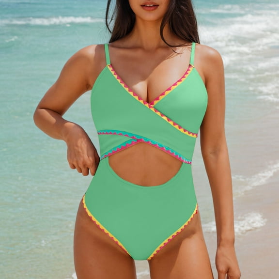 Women Swimsuit under $5! Xqxayjr Neon Color Block One Piece Bathing Suit for Women Tummy Control V Neck Cutout Swimsuit Plunge Shell Trim Swimwear Beachwear Trajes De Para Mujer