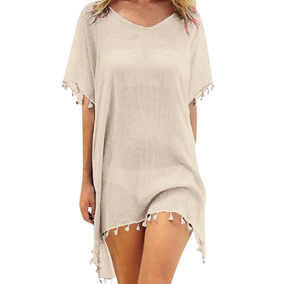 Women Swimsuit Cover Up Shirt Tassel Balls Trim Loose Fit Beach Bathing Suit for Swimwear Bikini Dress(Khaki.)