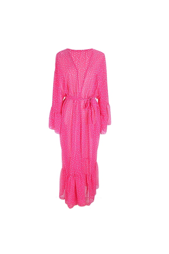 Women Swimsuit Cover Up Sleeve Belted Kimono Cardigan Dot Rose Red Maxi Beach Dress