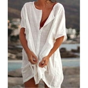 Women Swimsuit Cover Ups Bikini Swimwear Cover up Dress Short Sleeve Beach Dress, White, XL