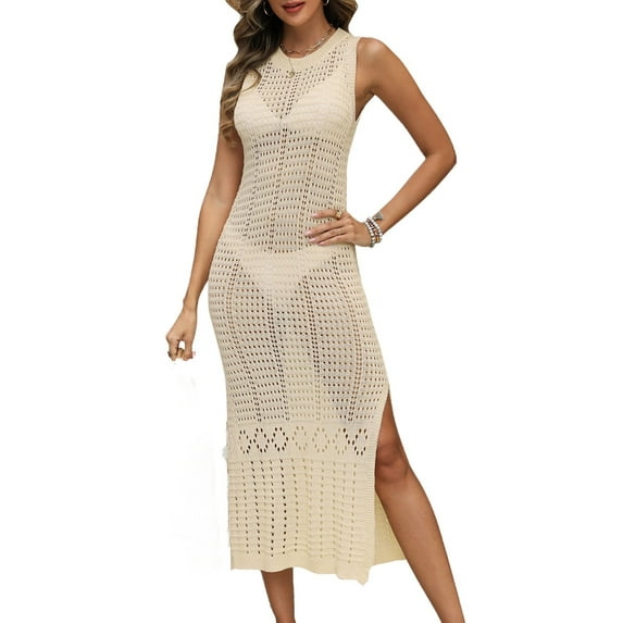 Women Swimsuit Cover up Bikini Sleeveless Beach Dress Crochet Hollow Out Coverup Alsol Lamesa