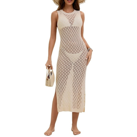 Women Swimsuit Cover up Bikini Sleeveless Beach Dress Crochet Hollow Out Coverup Alsol Lamesa