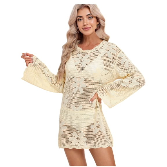 Women Swimsuit Cover up Flower Knit Bikini Long Sleeve Beach Crochet Tops Hollow Out Coverup Alsol Lamesa