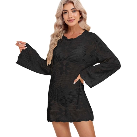 Women Swimsuit Cover up Flower Print Bikini Long Sleeve Beach Crochet Tops Hollow Out Coverup Alsol Lamesa