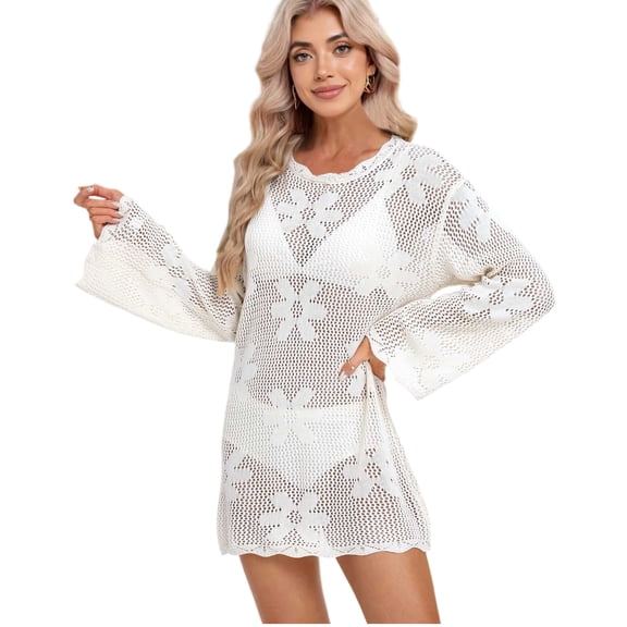 Women Swimsuit Cover up Flower Printed Bikini Long Sleeve Beach Crochet Tops Hollow Out Coverup Alsol Lamesa