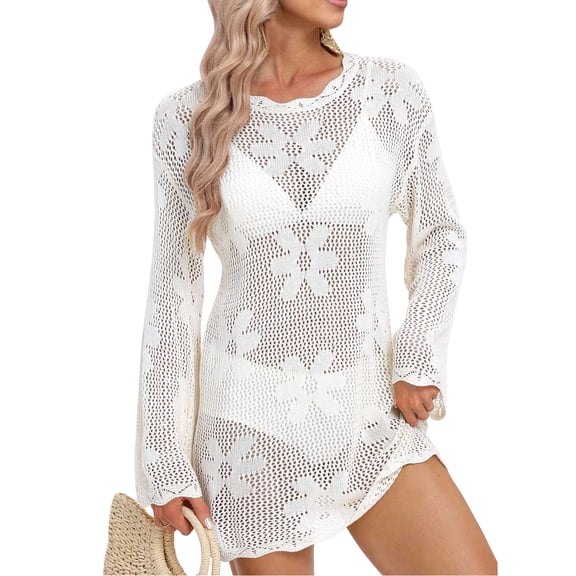 Women Swimsuit Cover up Flower Printed Bikini Long Sleeve Beach Crochet Tops Hollow Out Coverup Alsol Lamesa