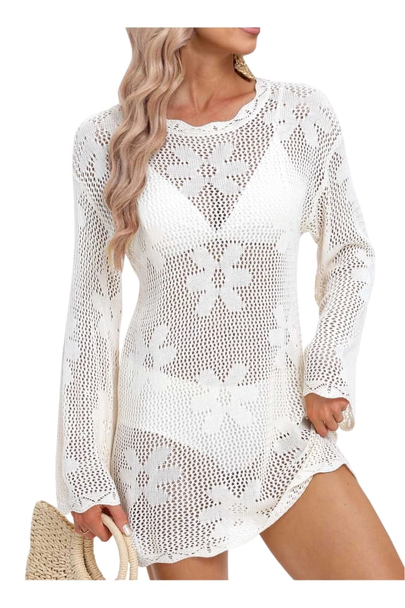 Women Swimsuit Cover up Flower Printed Bikini Long Sleeve Beach Crochet Tops Hollow Out Coverup Alsol Lamesa