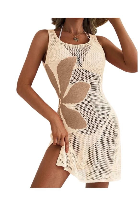 Women Swimsuit Cover up Flower Printed Bikini Sleeveless Beach Dress Crochet Hollow Out Coverup Alsol Lamesa