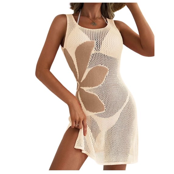 Women Swimsuit Cover up Flower Printed Bikini Sleeveless Beach Dress Crochet Hollow Out Coverup Alsol Lamesa