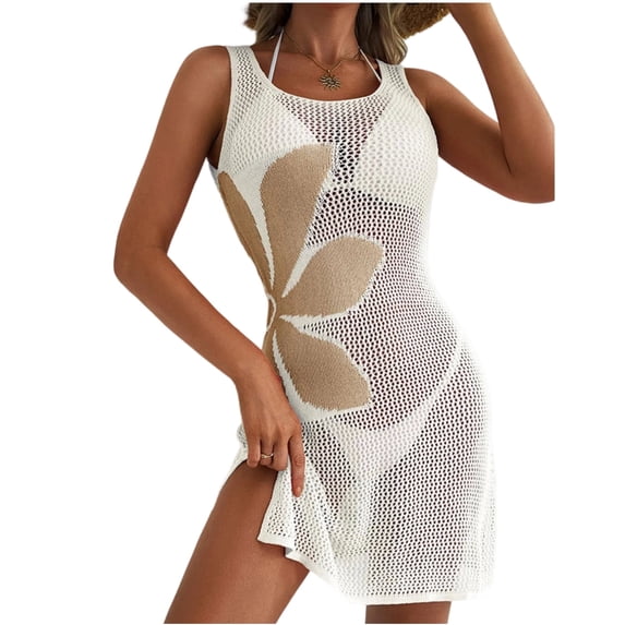 Women Swimsuit Cover up Flower Printed Bikini Sleeveless Beach Dress Crochet Hollow Out Coverup Alsol Lamesa