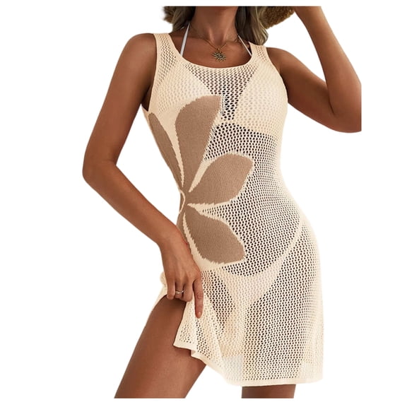 Women Swimsuit Cover up Flower Printed Bikini Sleeveless Beach Dress Crochet Hollow Out Coverup Alsol Lamesa