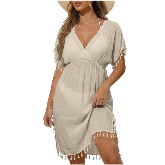 Women Swimsuit Cover up Sheer Deep V Neck Beach Tunic Dresses Summer Beachwear Vacation Swimwear Coverups