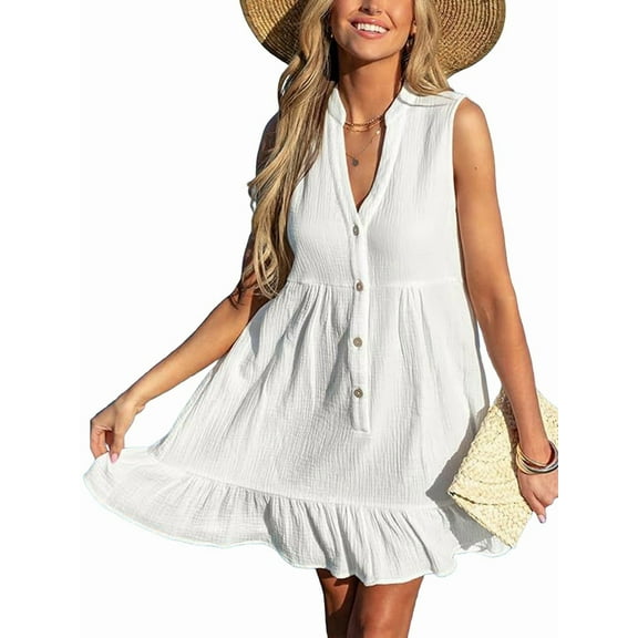 Women Swimsuit Coverup 100% Cotton Ruffle Hem Beach Cover Up Dresses White L