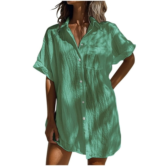 Women Swimsuit Coverup Shirt Dress Button Down Bathing Suit Cover Up Beachwear Green XXL