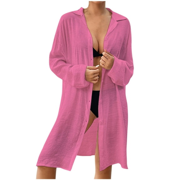 Women Swimsuit Coverup Shirt Dress Button Down Bathing Suit Cover Up Long Sleeve Bikini Cover Ups Beach Dress