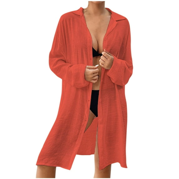 Women Swimsuit Coverup Shirt Dress Button Down Bathing Suit Cover Up Long Sleeve Bikini Cover Ups Beach Dress