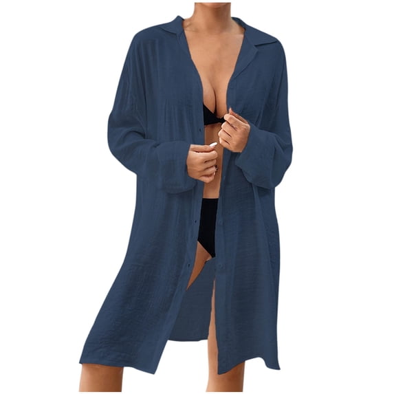 Women Swimsuit Coverup Shirt Dress Button Down Bathing Suit Cover Up Long Sleeve Bikini Cover Ups Beach Dress