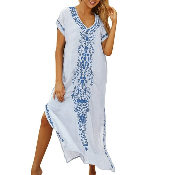 Women Swimsuit Coverup Shirt Dress Summer Beach Floral Embroidered V Neck Short Sleeve Dressy Lightweight Loose Quick Dry Swimwear