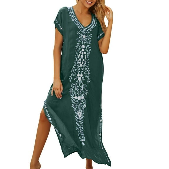 Women Swimsuit Coverup Shirt Dress Summer Beach Floral Embroidered V Neck Short Sleeve Dressy Lightweight Loose Quick Dry Swimwear