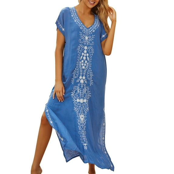 Women Swimsuit Coverup Shirt Dress Summer Beach Floral Embroidered V Neck Short Sleeve Dressy Lightweight Loose Quick Dry Swimwear