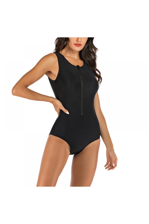 Women Swimsuit,Female Summer Swimsuit,One-Piece Bathing Suit,Front Zipper Closure Swimwear,Swimming Surfing Diving Swimwear,Classic Black