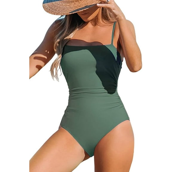 Women Swimsuit One Piece Bathing Suit Square Neck Cutout Back Tummy Control with Adjustable Spaghetti Straps Size S