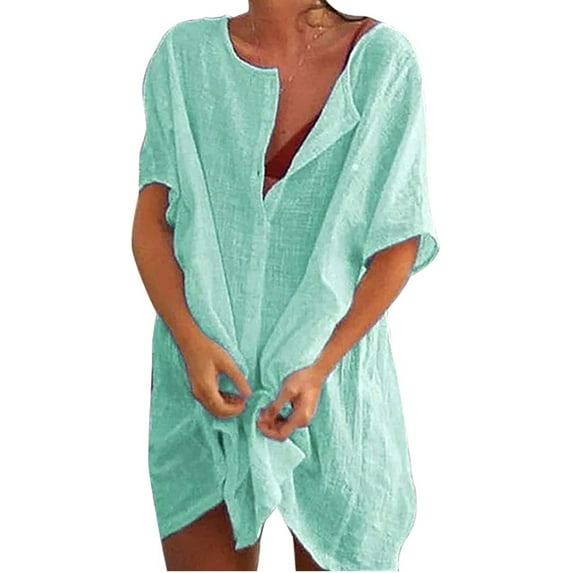 Women Swimsuit Swimwear Cover-Ups Round Neck Bikini Beach Cover-Up Shirt Dress(Light Green,3XL)