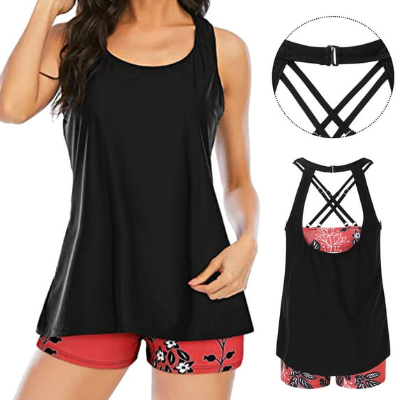 Women Swimsuit Tankini 3 PCS Top Short Sleeve Ladies Female Spring Summer Casual Beachwear Vacation Holiday Bikini Swimwear Bathing Suit Clothes