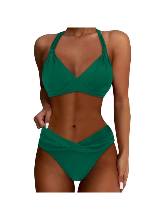Women Swimsuits 2Pcs Bathing Suits Push Up Bikini Set Swimsuit Vintage Swimwear Dark Green XXL