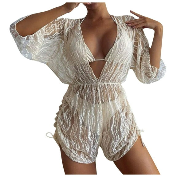 Women Swimsuits Bikini Cute Sport Push Up with Mesh Cover Up Drawstring 3 Piece Beige Women's Swimwear L