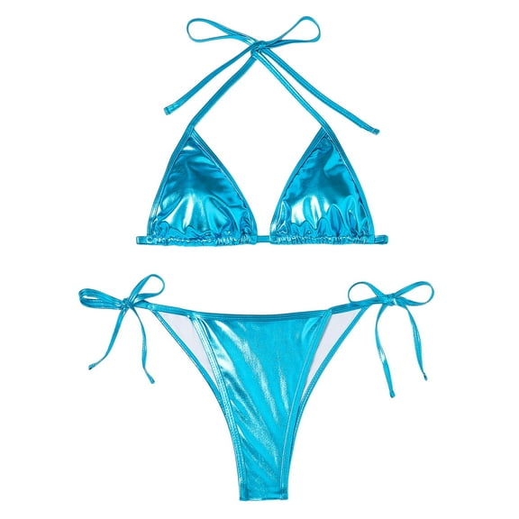 Women Swimsuits Bikini Sets Shiny String Padded Triangle 2 Pieces Set Blue Women's Swimwear M