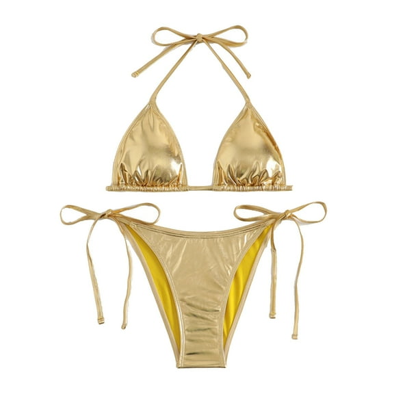 Women Swimsuits Bikini Sets Shiny String Padded Triangle 2 Pieces Set Swim Suits for Women Gold S