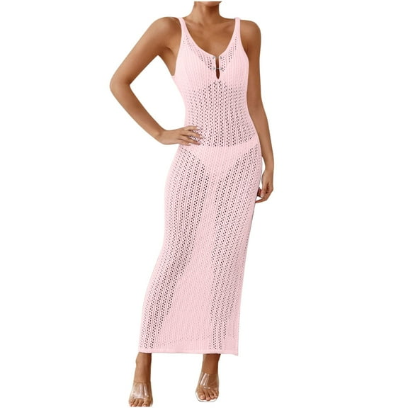 Women Swimsuits Cover Ups Casual Crochet Mesh Bathing Suit Dress Summer Beach Swimwear V Neck Maxi Sundress