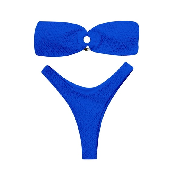 Women Swimsuits Fashion Sexy Strapless Gathering Hoop Lace Up Solid Color Bikini Blue Women's Swimwear L