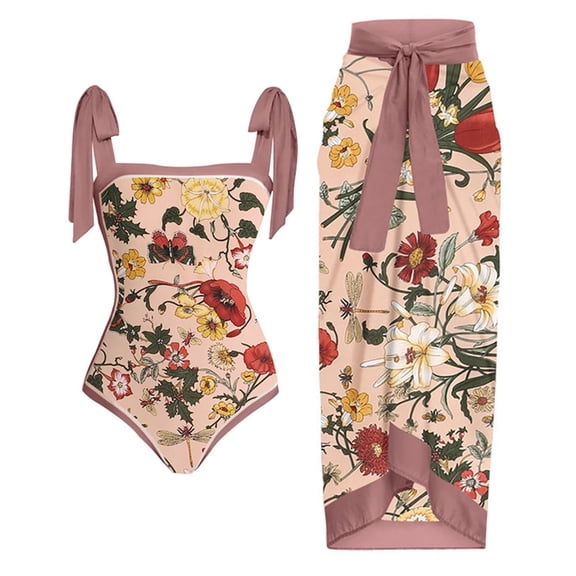 Women Swimsuits Flat Collar Vintage Tropical Floral Print One Piece Set,Pink,XL