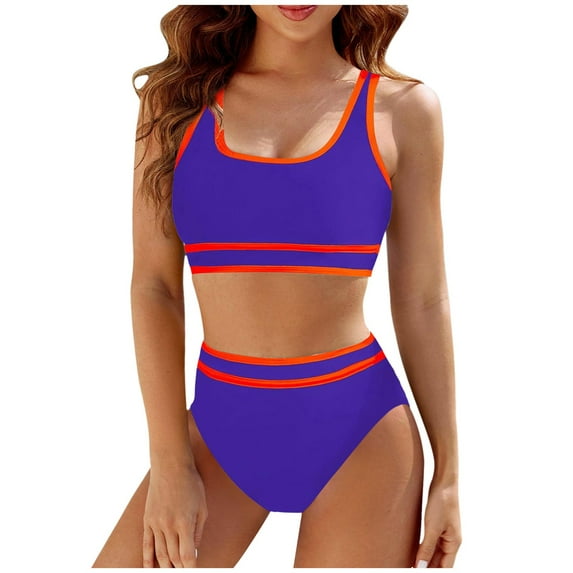 Women Swimsuits High Waisted Bikini Sets Sporty 2Pcs Swimsuit Color Block High Cut Bathing Suits PP2 L
