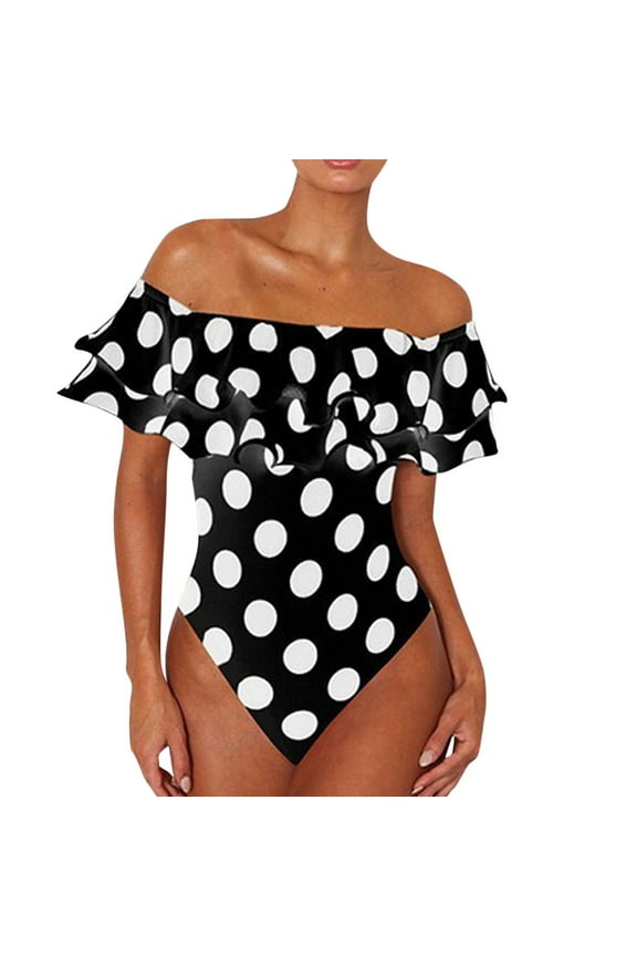 Women Swimsuits One Piece Double Layer Polka Dot One Shoulder,Black,M