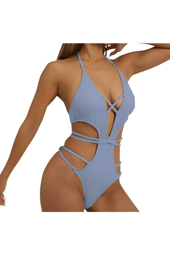 Women Swimsuits One Piece Women's Open Back One Piece Swimsuits Cutout Bathing Suits Monokini Swimwear Beach Outfit Backless Lace up Bandage Beachwear Bikini Swimsuit Blue L