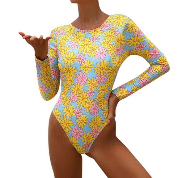 Women Swimsuits Print Back Openwork Long Sleeve One Piece Bathing Suit,Yellow,M