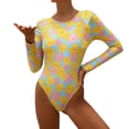 thumbnail image 1 of Women Swimsuits Print Back Openwork Long Sleeve One Piece Bathing Suit,Yellow,S, 1 of 7