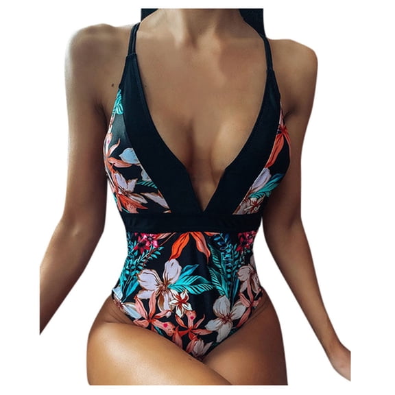 Women Swimsuits Print Deep V High Waisted Open Back One Piece,Black,S
