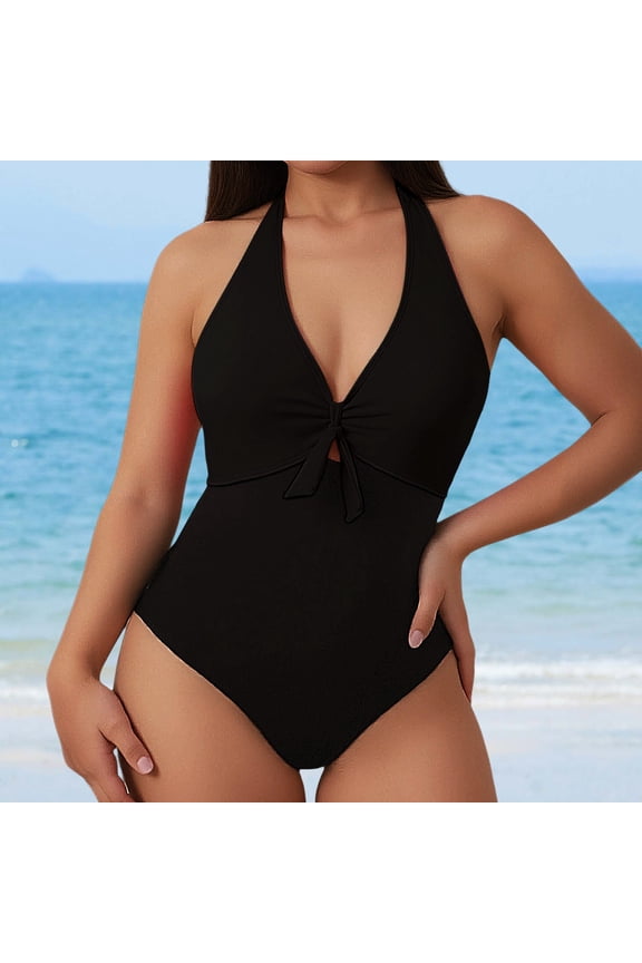 Women Swimsuits Quick Dry Stretch Solid Halter Knot Front Push Up Swimsuit Slim Fit for Summer Pool Trip Bathing Suits Women