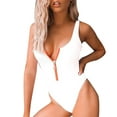 thumbnail image 1 of Women Swimsuits Solid Color One Piece Bikini Zipper Front Bathing Suit,White,S, 1 of 7
