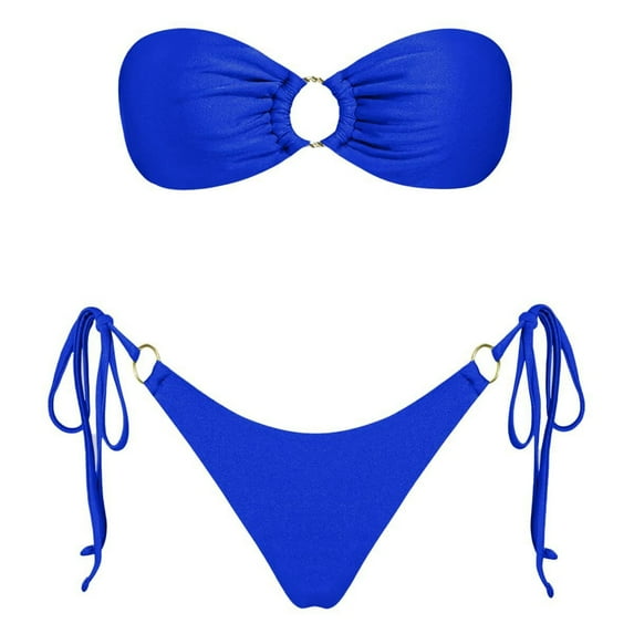 Women Swimsuits Solid Color Strapless Backless Gathering Separate Bikini Blue Women's Swimwear L