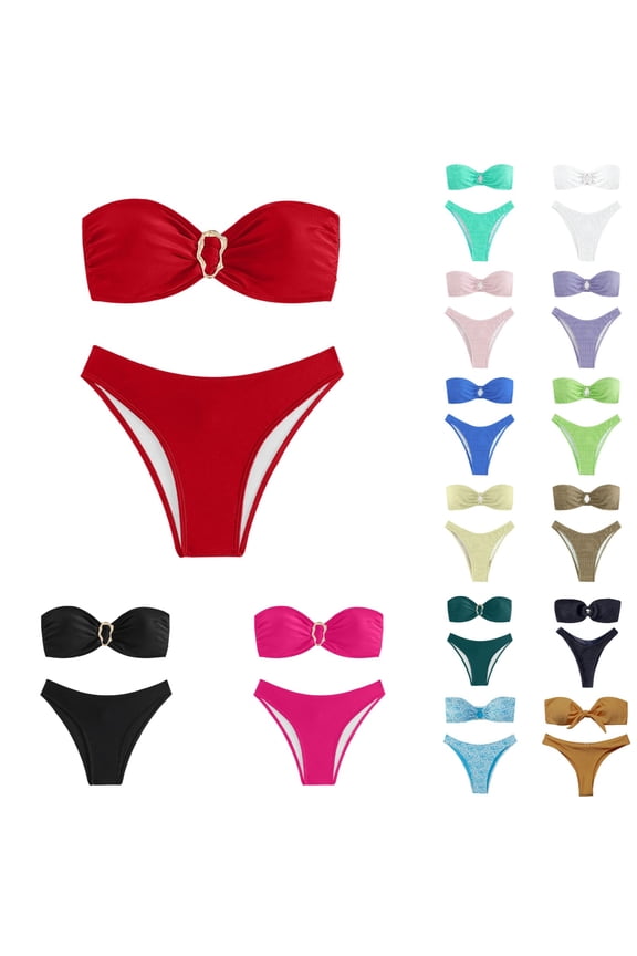 Women Swimsuits Solid Color Strapless Two Piece Bikini Backless Beachwear Hot Pink Women Bathing Suits S